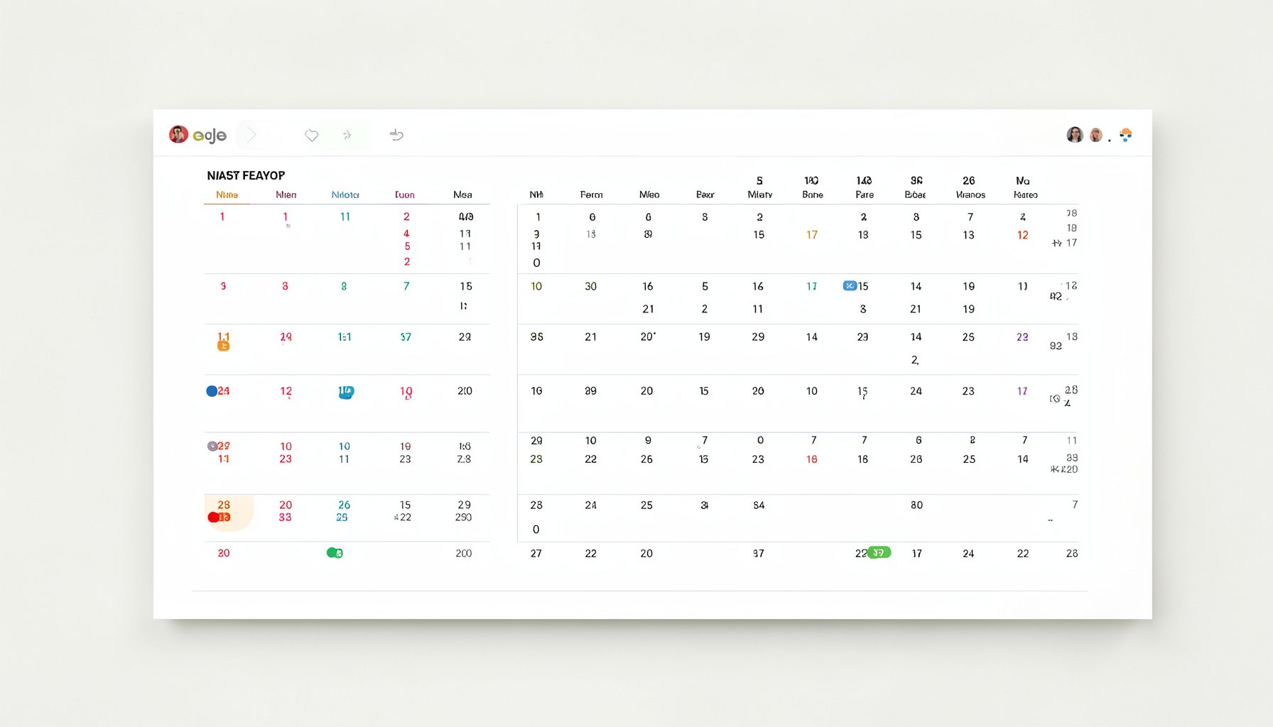 A wide panel showing a yearly calendar view with color-coded event markers and a clean, modern interface on a light background